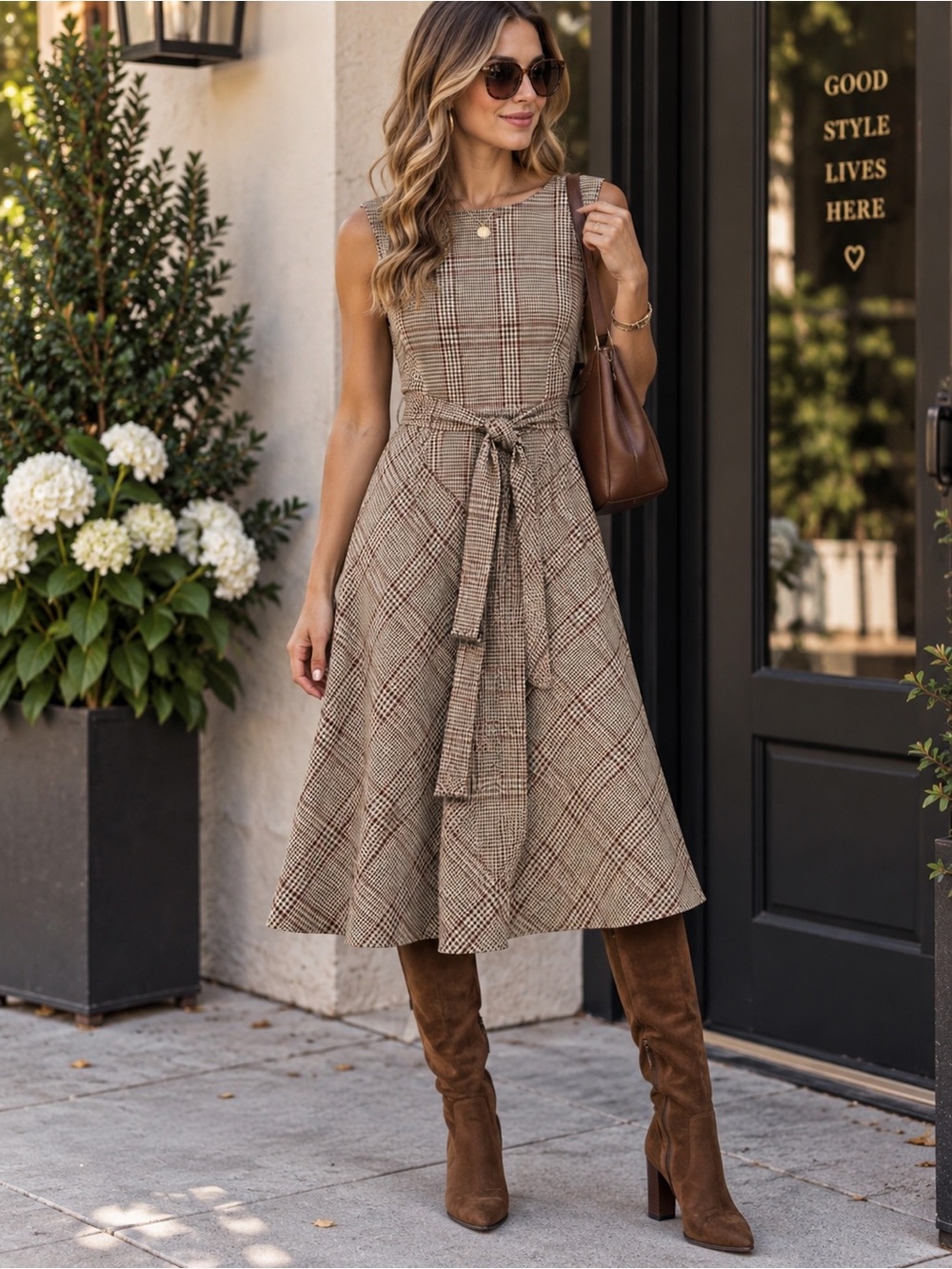 Calvin Klein Brown Plaid Sleeveless A-Line Midi Dress with Tie Belt